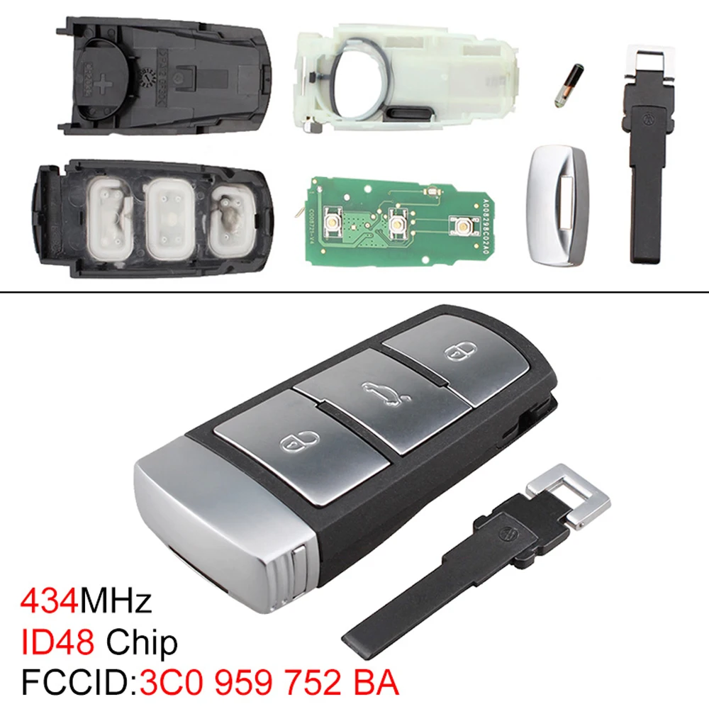 434MHz 3 Button Car Key Fob Shell 3C0959752BA Keyless Smart Remote Key Case Fit for VW Passat Magotan CC 2006-2011 ID48 Chip