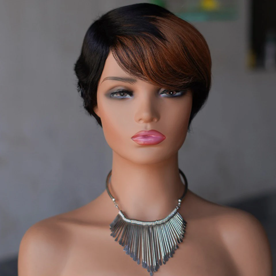 Color T1B/30 Short Pixie Cut Wig Straight Human Hair Wigs With Bangs Brazilian Remy Hair Full Mahine Made Wigs