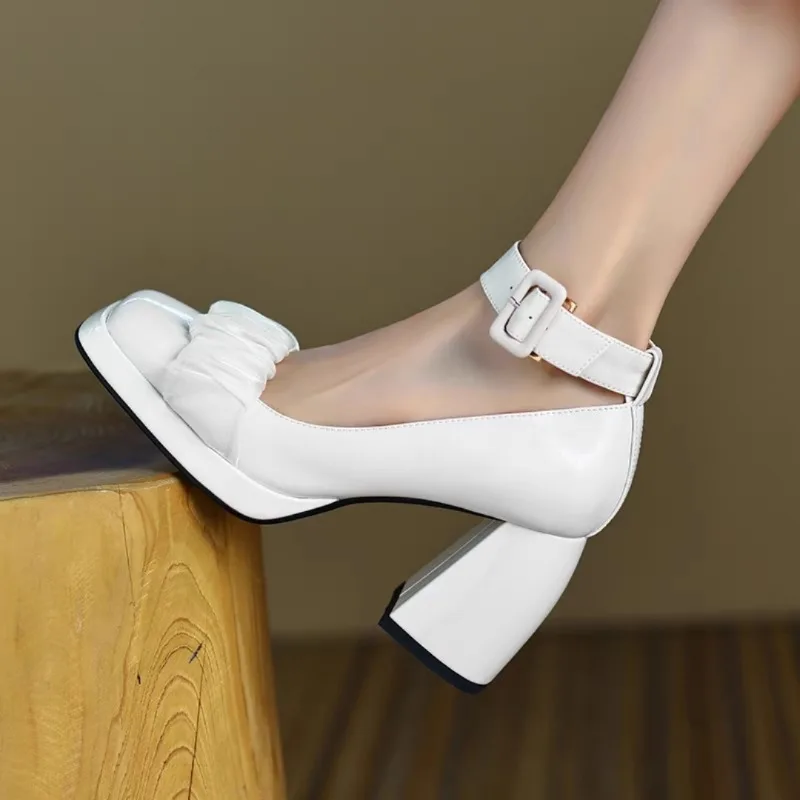 2023 Women's Shoes Mary Janes Women's High Heels Ankle-wrap Party Pumps Women Buckle Strap Square Toe Chunky Heel Female Shoes
