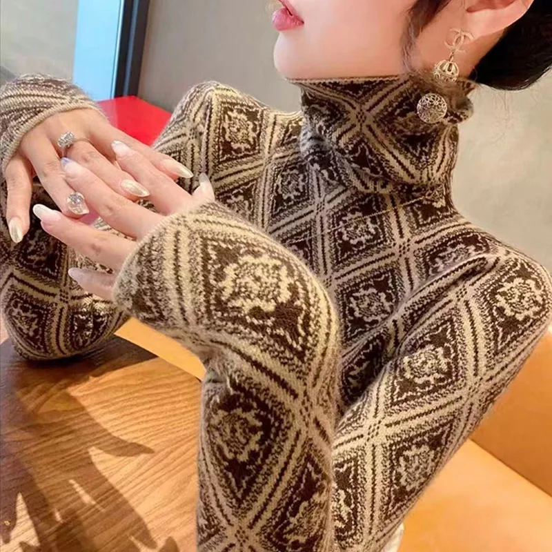 

Women Clothing Ethnic Style Fashion Slim Pullovers Early Spring Vintage Jacquard Elasticity Sweaters Kniited New Turtleneck Tops