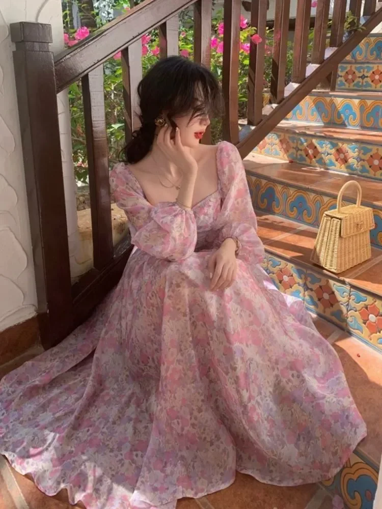 French Vintage Long Sleeve Dress Woman Fairy Elegant Floral Midi Dress Evening Party One Piece Korean 2023 Summer Chiffon Beach