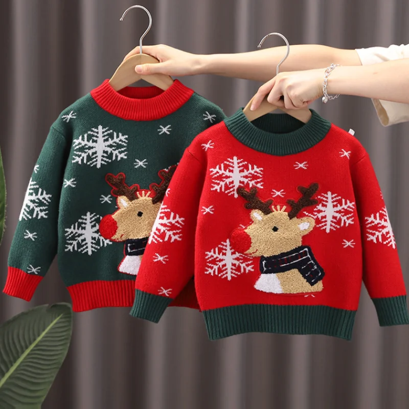 

New Children's Pullover Sweater Autumn/winter Girls' Christmas Knitwear Little Kid Elk Long Sleeve Warm Top Sweater