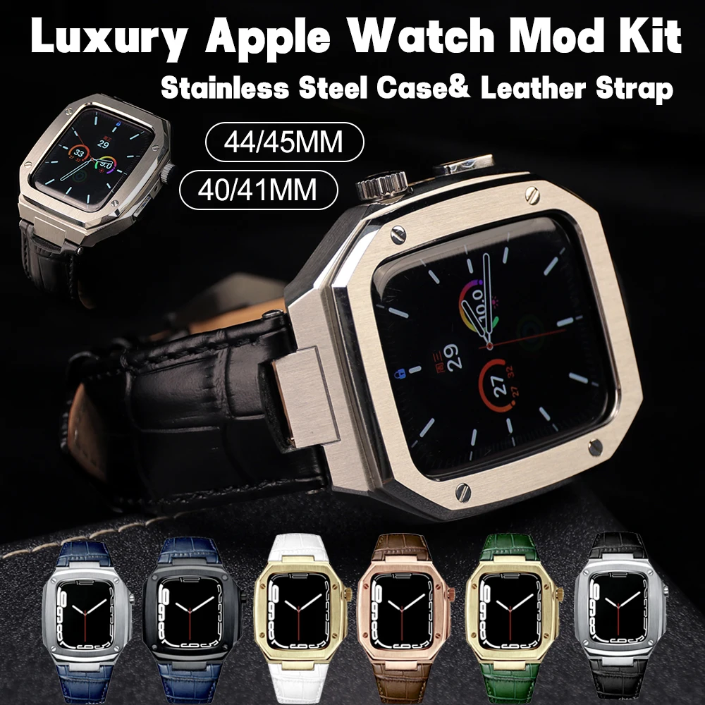 

Luxury Stainless Steel Modification Mod Kit for Apple Watch 9 8 7 45mm Leather Strap Metal Case iWatch 6 5 4 SE 44mm Band Set