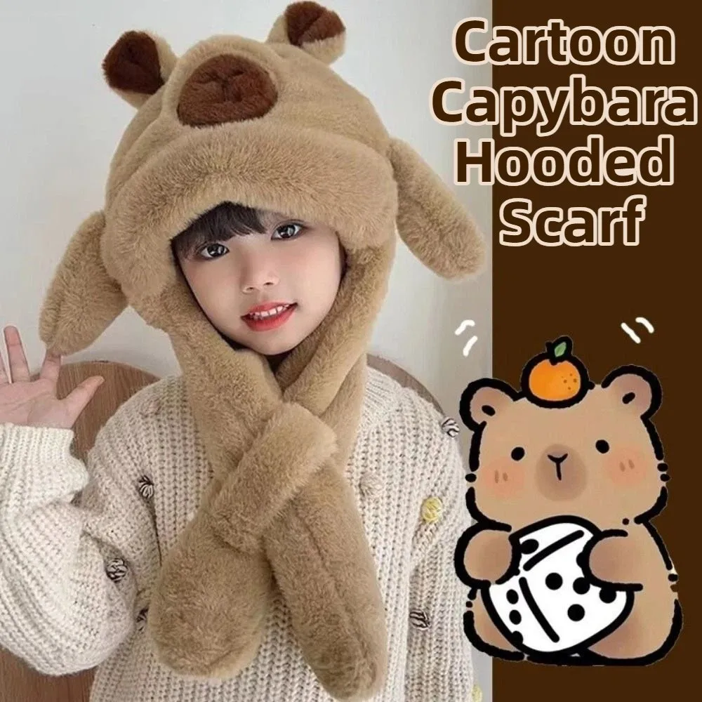 Cozy Creative Ear Protection Hat Movable Ears Funny Winter Warm Hat Soft Thickened Cute Capybara Hooded Scarf Outdoor