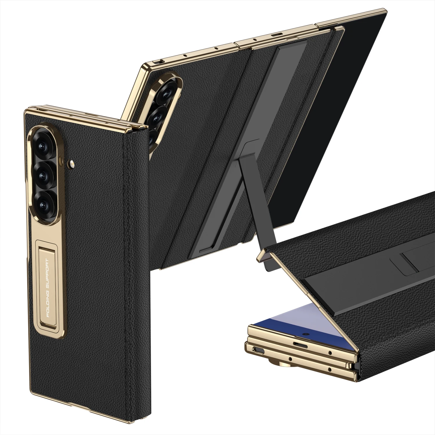 Premium TriFold Magnetic Leather Flip Phone Case with 9H Glass Protector & Kickstand Bracket