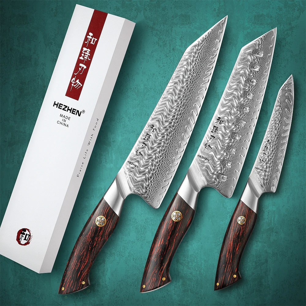 

HEZHEN 3PC Knife Set 73 Layers Damascus Steel Chef Cook Knife 14Cr14MovNb Steel Core Sharp Kitchen Knife Gift Box