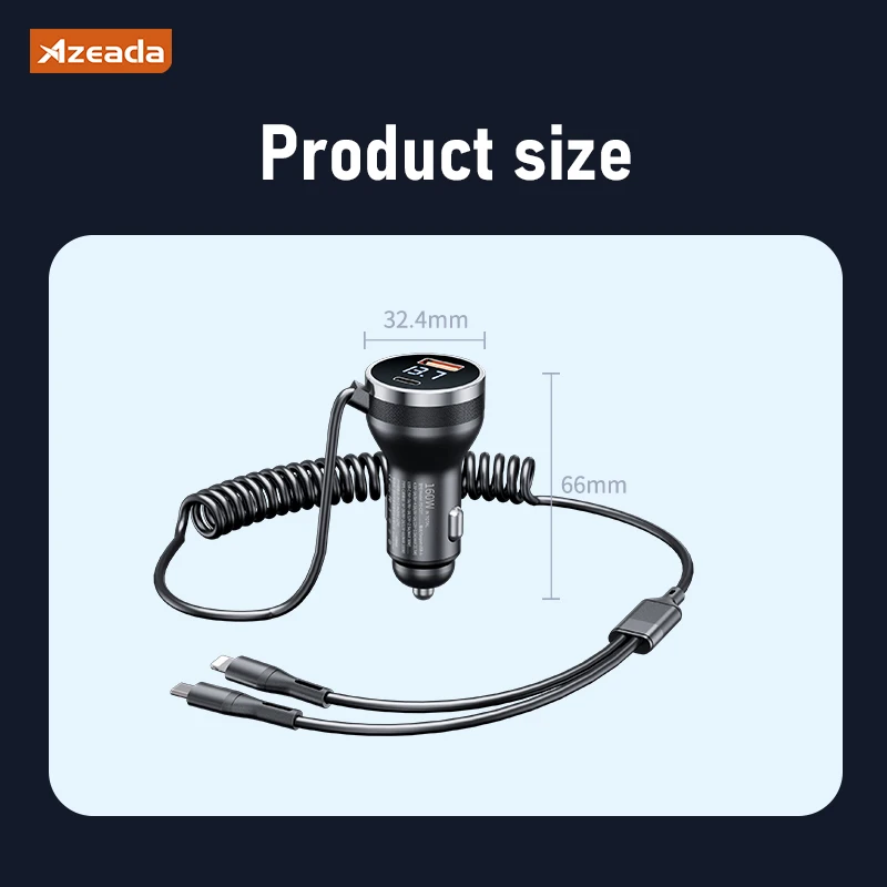 Gadgetoo Azeada 160W Usb Type C Fast Car Charger With Elastic Cable Portable For Iphone 15 14 Pro Max Tablets Gps Xiaomi 13 Oneplus Oppo