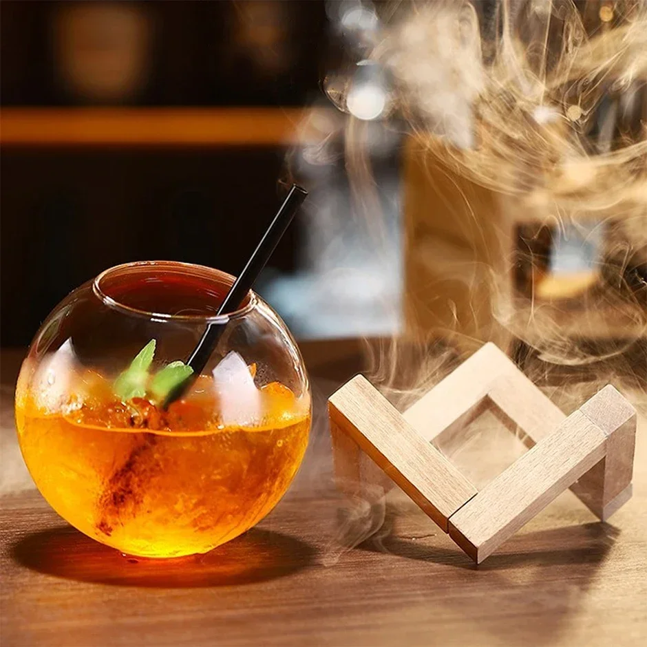 Description Picture 5 of itemCocktail Glass Cup With Wood Stand Creative Bar Glassware Drink Cup Ronud Ball Cocktail Mug Smoothie Fruit Moon Juice Tumbler