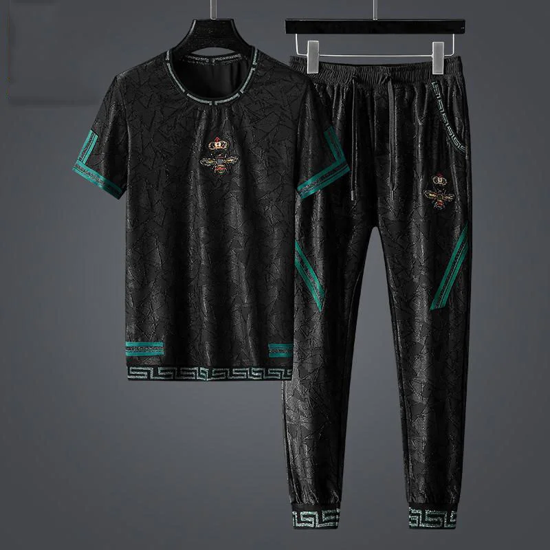 

Luxury brand 2023 New Fashion Brand Ribbon Splice Casual Suit Male Summer Slim Size Korean Personalized Pair Two Piece Set