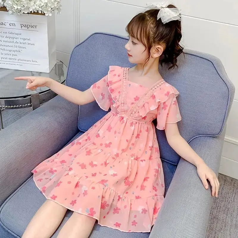 

2023 New Girls Summer Dress Lace Fragmented Flower Dress Children's Fashion Princess Dresses Kids Dresses for Girls 2 To 12T