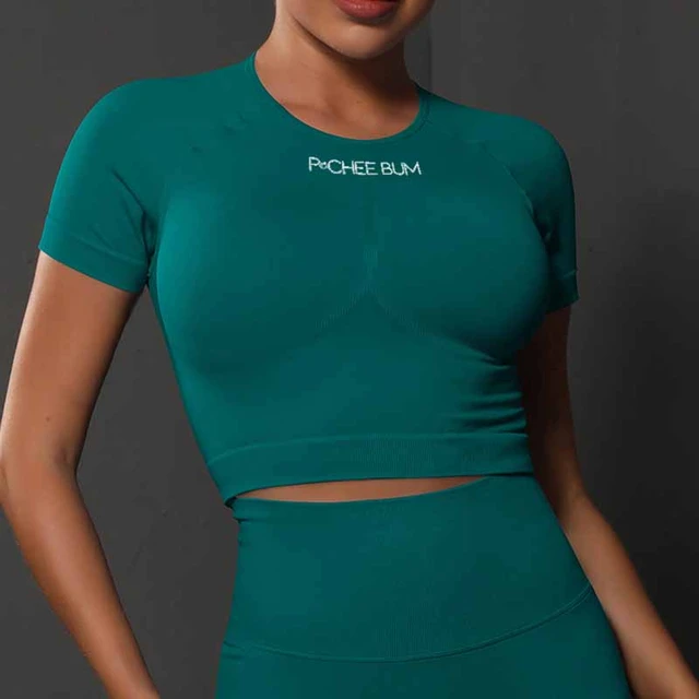 Pchee Bum Women Gym Seamless Shirts New Fashion Sports Fitness Crop Top  Womens Ribber Round Collar Short Sleeve T-shirt - AliExpress