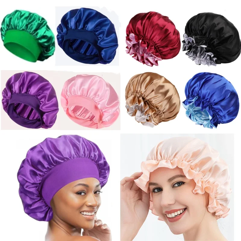 Satin Nightcap Satin Sleep Cap Soft Wide Brim Nightcap Unisex Night Sleeping Bonnet with Wide Elastic Band Bath Hat For All Hair Type