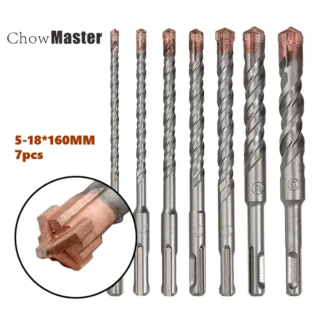 Jeu de forets à percussion SDS Plus, 7 pièces, 4 cannelures, 5 6 8 10 12 14 16 18mm 160 200mm pour bloc de brique en béton, maçonnerie en pierre et granit 1