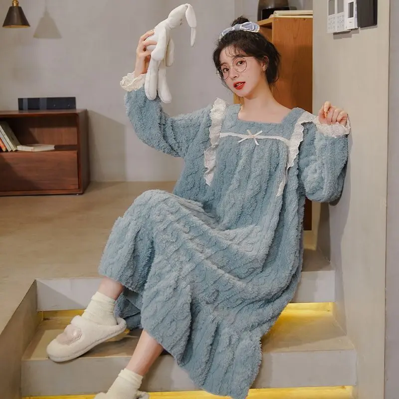 Winter Women Nightgown Solid Sleepwear Long Sleeve Nightwear Square Collar Night Dress New in Fleece One Piece Warm Pajamas