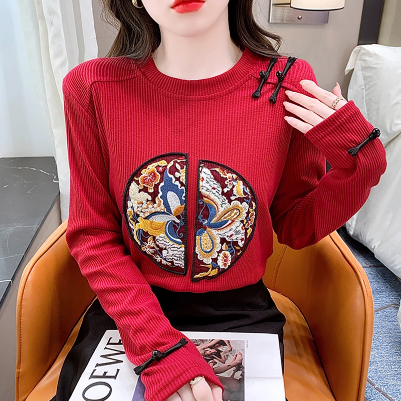 

2024 New Fall Winter Vintage Clothes T-Shirt Chic Sexy O-Neck Button Patchwork Embroidery Women's Tops Long Sleeve Tees 312009