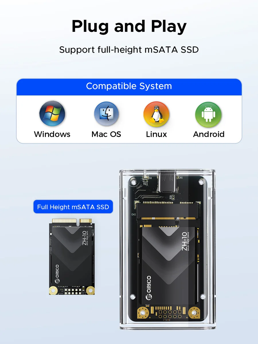 ORICO-Transparent External Adapter Mini mSATA SSD Enclosure Case to USB 3.2 Gen1 5Gbps for Samsung NGFF SSD Samsung — view 5