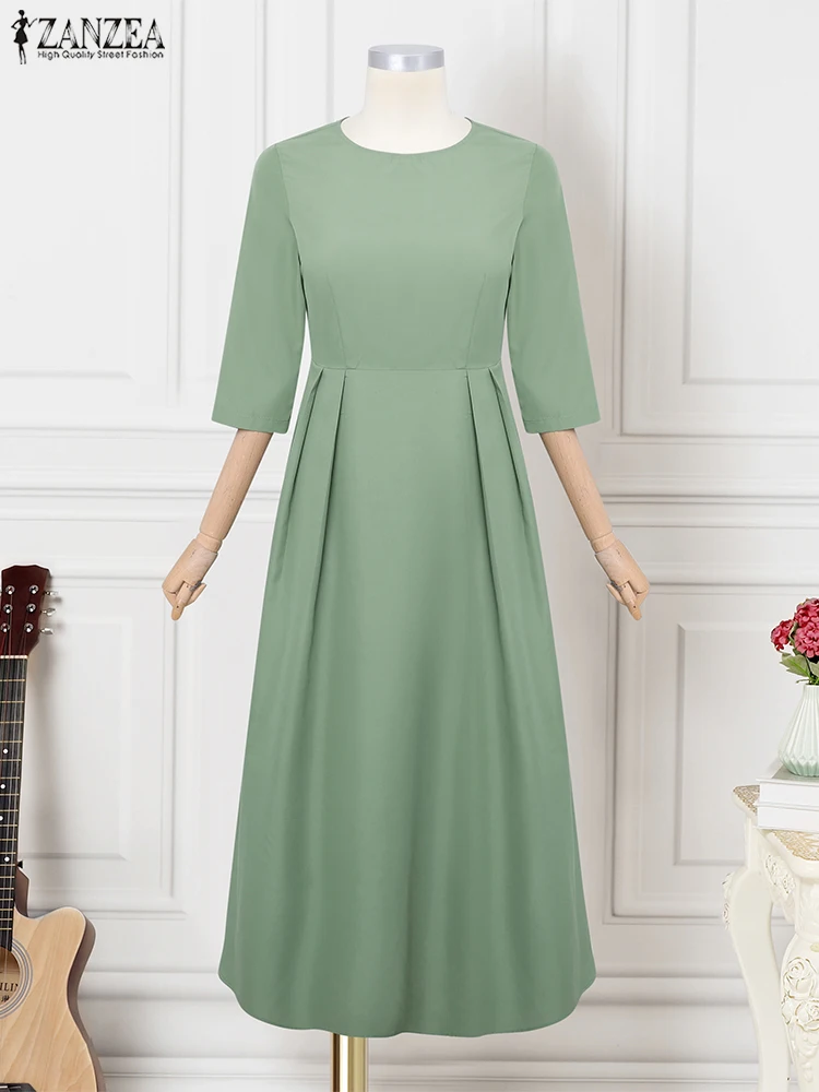 ZANZEA Elegant Maxi Long Dress Women 3/4 Sleeve Office Sundress 2025 Fashion A-Line Party Vestido Solid European Casual Robe 4