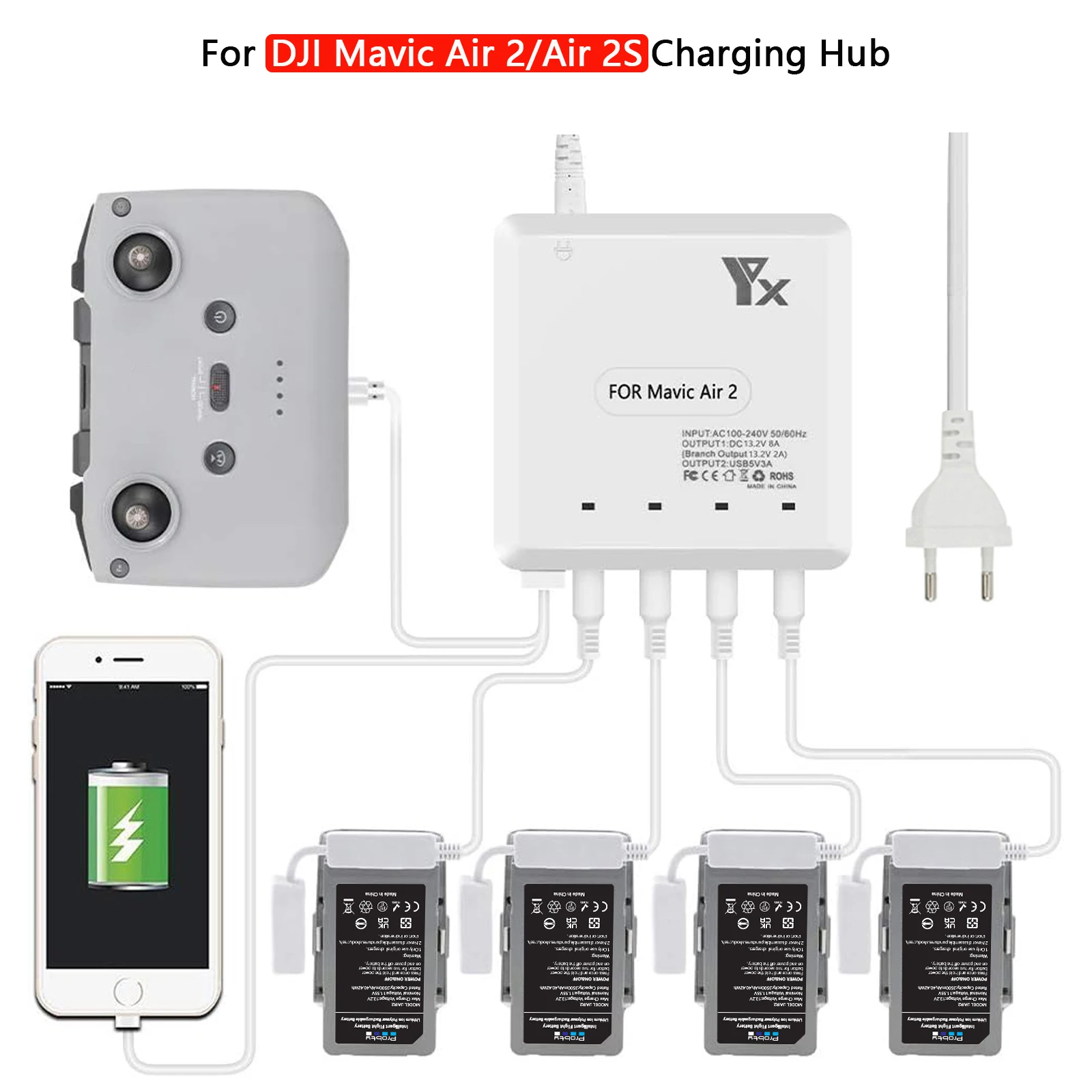 6 In 1 Rapid Intelligent Multi Charger Hub Per Dji Mavic Air2 / Mavic Air 2S Drone E Telecomando Carica 4 Batterie