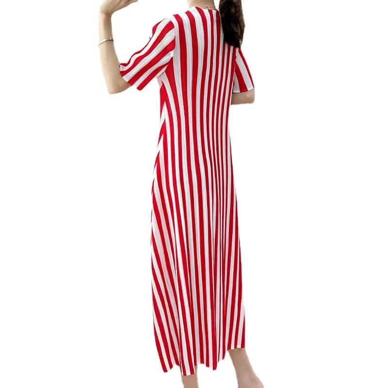 Miyake Pleated Dress for Women 2023 Summer New Design Striped Print Fashion Retro Slim Fit O-neck Short-sleeved Elegant Dresses