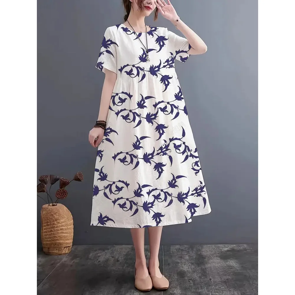 2024 Summer Fashion New Imitation Linen Fabric Dress Printing Craft girocollo manica corta Dress S-5XL sciolto e confortevole