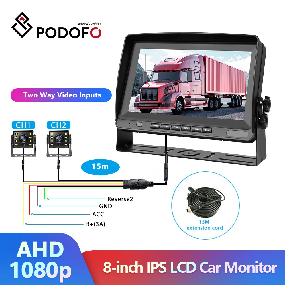 

Podofo AHD 1080P 8'' Parking Car Monitors Back-Up Camera Kit With 2 Truck Backup Camera For Trailer Truck Bus Vehicle Camper Van
