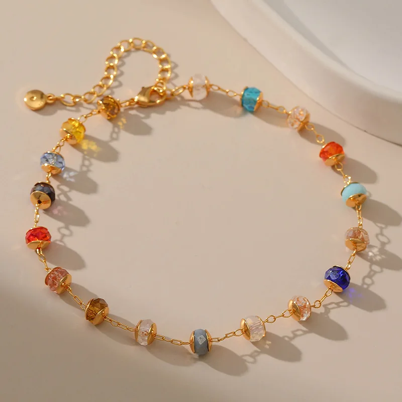Браслеты из настоящего золота 18 карат с медным покрытием, Женские Ювелирные изделия, оптовая продажа, разноцветные стеклянные бусины, этническая цепочка, невыцветающий пляжный курортный стиль Браслеты из настоящего золота 18 карат с медным покрытием, Женские Ювелирные изделия, оптовая продажа, разноцветные стеклянные бусины, этническая цепочка, невыцветающий пляжный курортный стиль