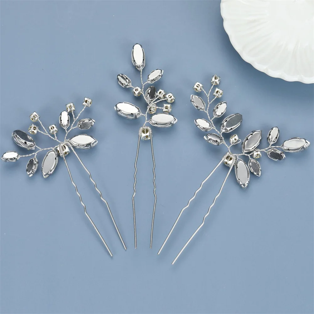 Hair Clip 3Pcs Bridal U-shaped Pin Metal Barrette Clip Hairpins Rhinestone Wedding Hair Accessories