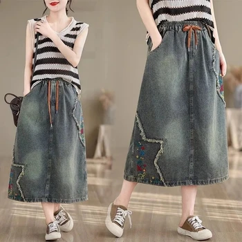 High waist Embroidered Denim Skirt For women Spring Summer 2026 Loose Elastic waist tie Versatile  A-line Long Skirts Female