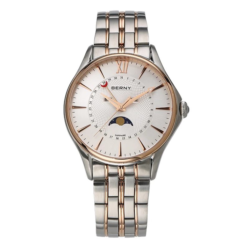 Berny Men Miyota Orologio Al Quarzo Orologio Da Polso Di Lusso In Acciaio Inossidabile Con Fasi Lunari Impermeabile Sport Semplice Quadrante Calendari