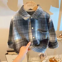 Vêtements d'automne pour enfants, filles et garçons, chemise à revers rétro décontractée, manches longues, hauts à simple boutonnage, chemisiers à carreaux 3