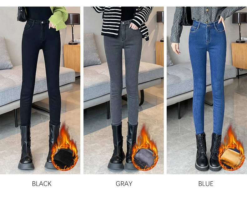 Description Picture 5 of itemWinter Women's Jeans Thickened Warm Skinny Velvet Pants Fashion Korean Slim stretch Fleece Leggings Pencil Pants Black Gray Blue