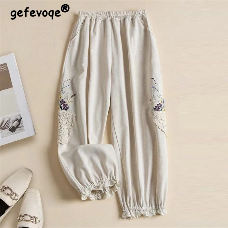 

Women Clothes 2024 Summer Vintage Ethnic Style Embroidery Lace Cotton Linen Baggy Pants Female Casual High Waist Loose Trousers