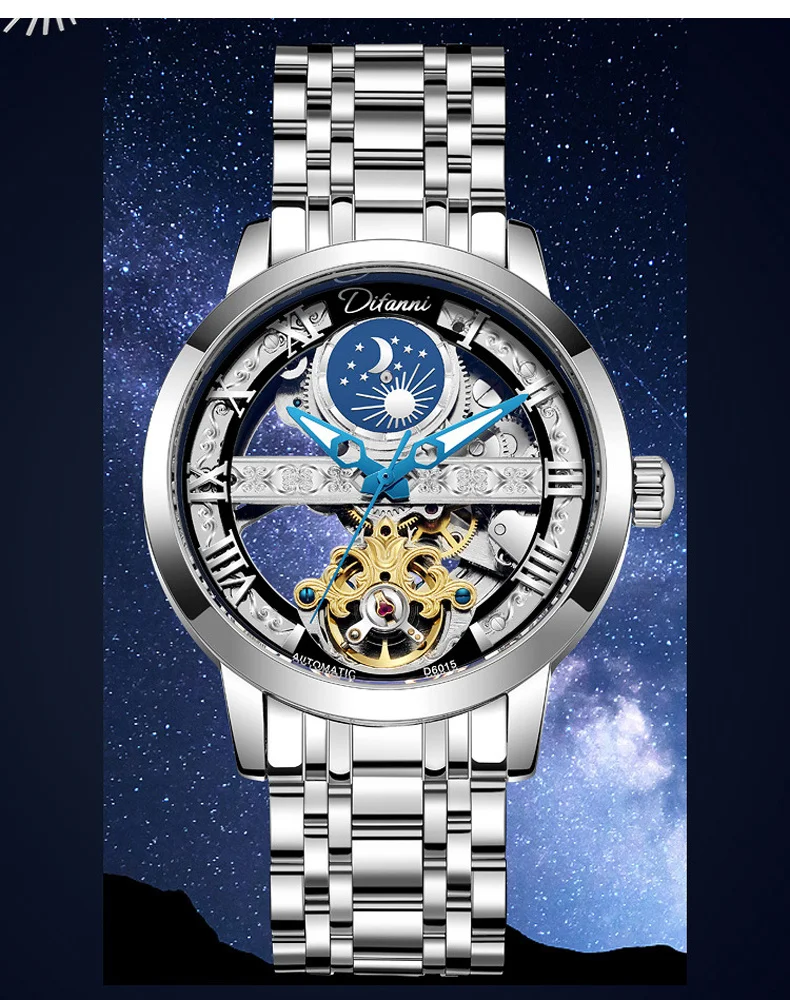 Tourbillon Moon Phase Wrist Luxury Hollow 3ATM Waterproof Stainless Steel Men Automatic Mechanical es es_voghion.com