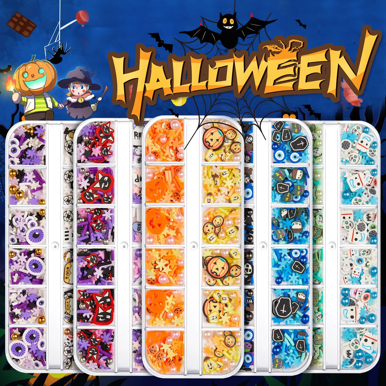 

Halloween Jewelry Nail Sequins Soft Pottery Glitter Gold Powder Nail Polish Glue Pumpkin Witch Ghost Skeleton Nail Ornament