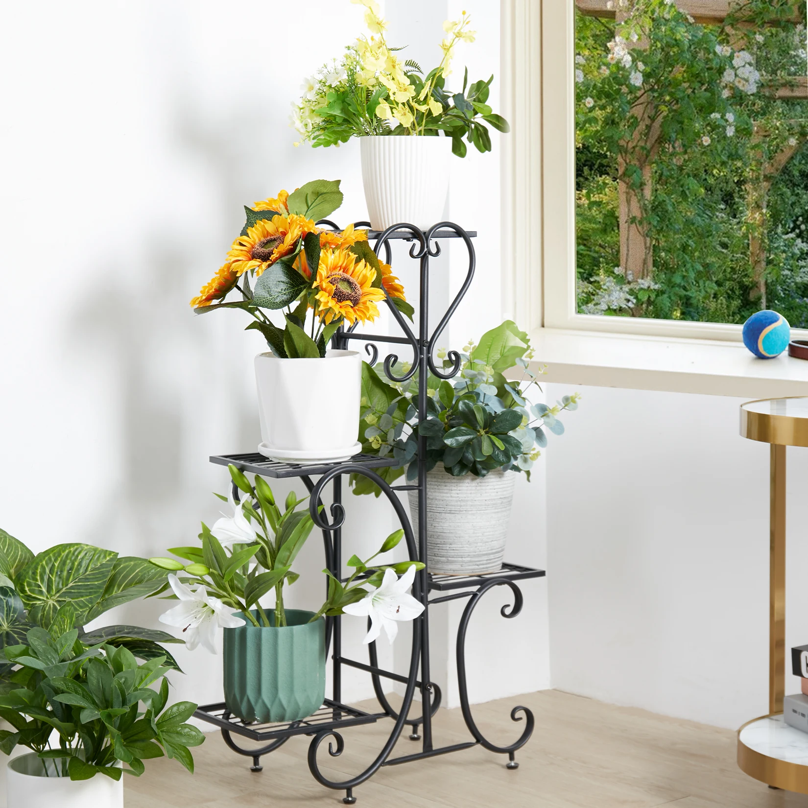 Metal Plant Shelf Flower Display Stand Garden Planter Holder with 4 Tier Shelves Indoor (Black)