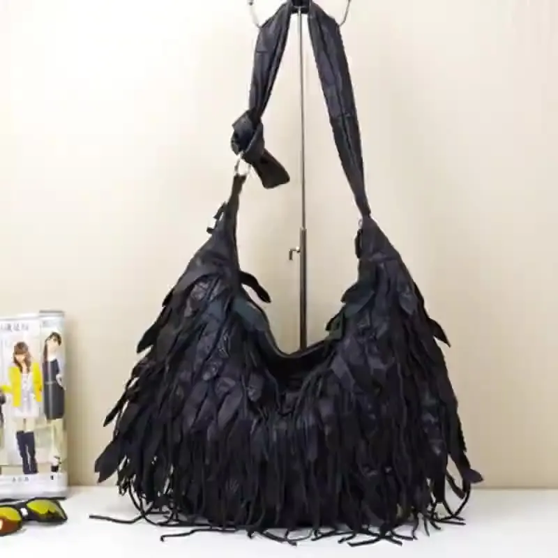 Genuine Lambskin Hobo Bag | Black Striped Fringe Shoulder Purse | Soft Leather Women's Crossbody Boho Bag Ready to Ship