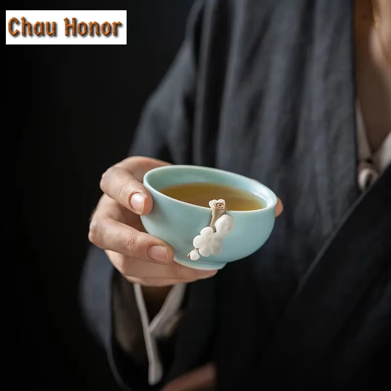 Handmade Sky Blue Ru Kiln Ceramic Tea Cup Hand Pinch Flower Bud Porcelain Master Cup Antique Customization Tea Bowl Gift Box