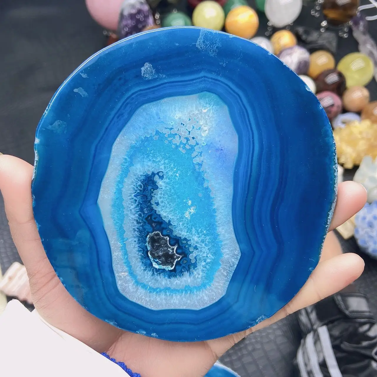 

1 шт. натуральный большой синий Агат, ломтики агата, подставка, Полированный Агат, ломтик + стенты