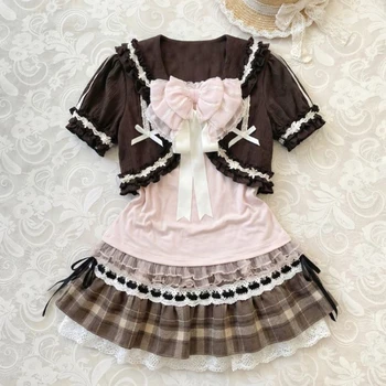 Japanese Vintage Lolita 3 Piece Set Women Sweet Chic Lace Cardigan + Camisole Tops + Plaid Cake Mini Skirt Kawaii Fashion Outfit 1