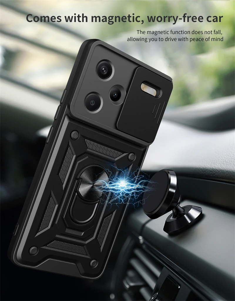 Armor Slide Lens Protection Case with Magnet Ring Stand for Xiaomi Redmi Note 13 Pro Plus 5G