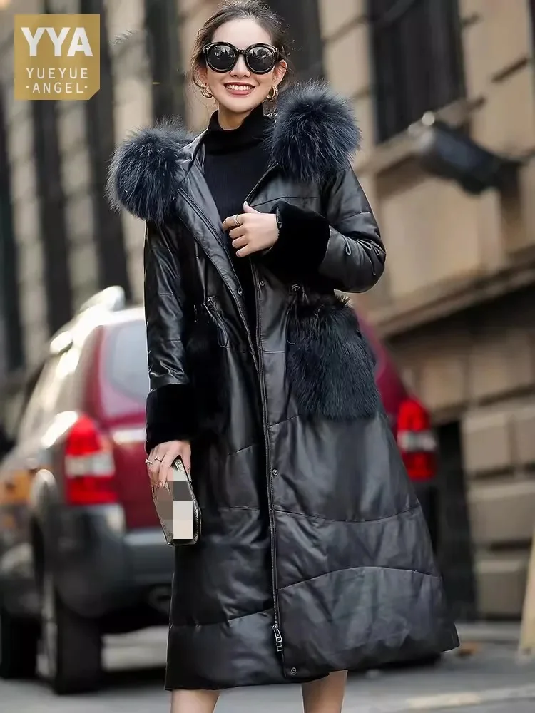 

Raccoon Luxury Fur Collar Hooded Women Genuine Leather Down Winter Warm Loose Elegant Fashion Natural Sheepskin Long Coat