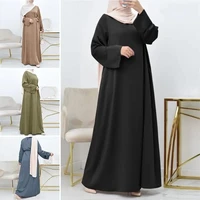 Muslim Women's Satin Dress Islamic Arabic Basic Long Robe Simple Loose Crew Neck Belt Elegant Lady Abayas Ramadan Caftan Femme