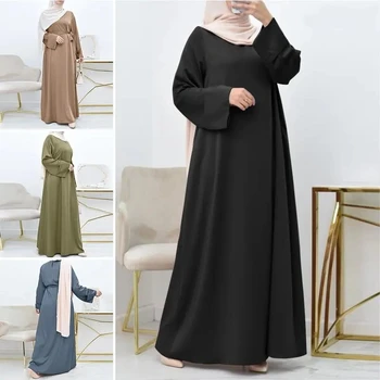 Muslim Women's Satin Dress Islamic Arabic Basic Long Robe Simple Loose Crew Neck Belt Elegant Lady Abayas Ramadan Caftan Femme