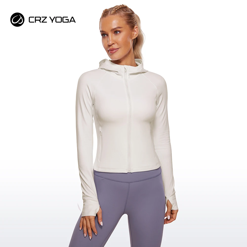 

CRZ YOGA Womens Butterluxe Full Zip Workout Hoodie Jackets Slim Fit Hooded Athletic Yoga Jacket with Thumb Holes