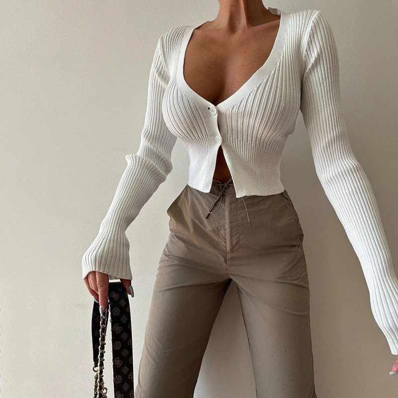 용수철 가을 골지 단색 V넥 긴팔 버튼 스웨터, 여성 패션 의류, 스트리트웨어, 도매 스웨터, 가디건