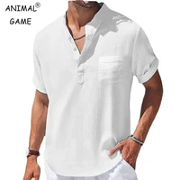 New Men's Casual Stand Up Collar Summer Solid Color Short Sleeve Linen Shirt Trendy Breathable Loose Youth Basic Pocket Top 1