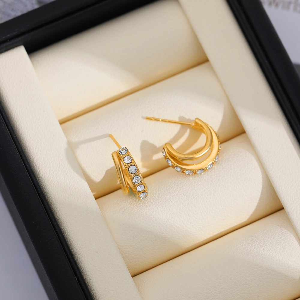 Double-layer C-shape Hoop Earrings for Women Small Round Zircon Huggie Earring Party Gifts Wedding Jewelry Accessories Bijoux