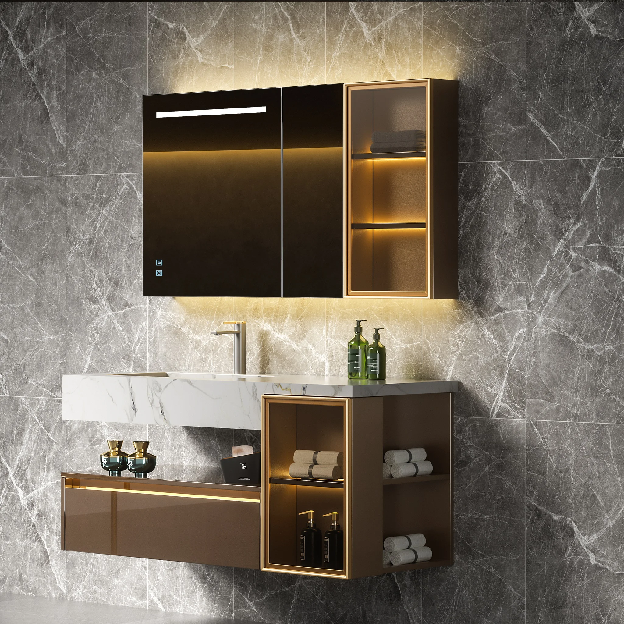 

Luxury High End Bathroom Cabinet Vanity With Glossy Sintered Stone seamless splicing basin And Mutifuntions Mirror cabinet