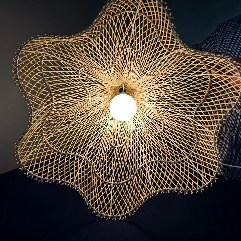 Japanese Style Wabi-sabi Retro Rattan Chandelier Creative Living Room Restaurant Box Pendants LIghts Hotel Living Room Lamps LED