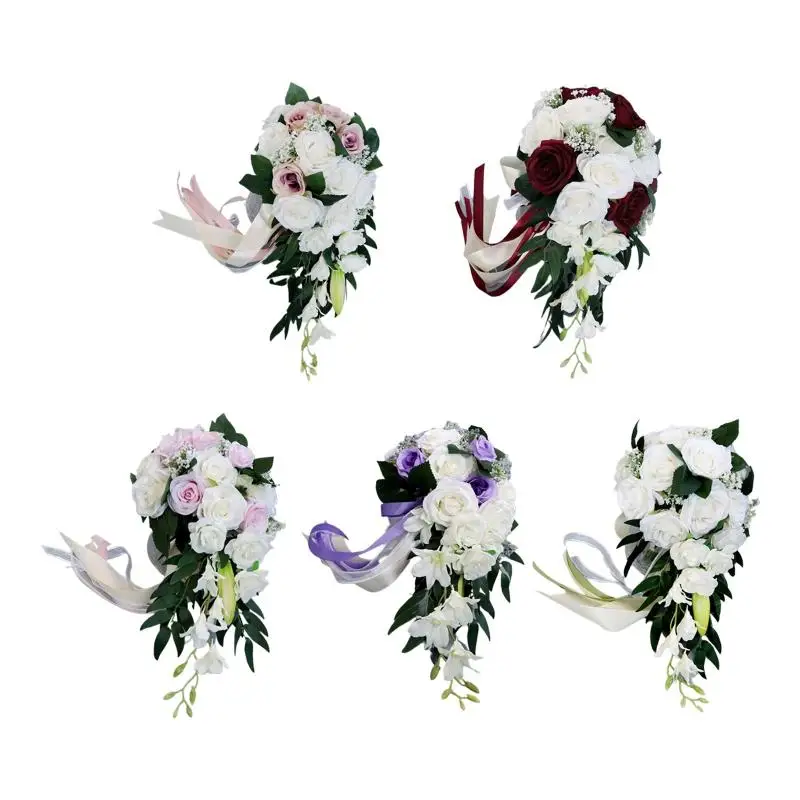 

Q6PE Water Drop Rose Wedding Bridal Bouquet Romantic Bride Bridal Holding Flower Gift